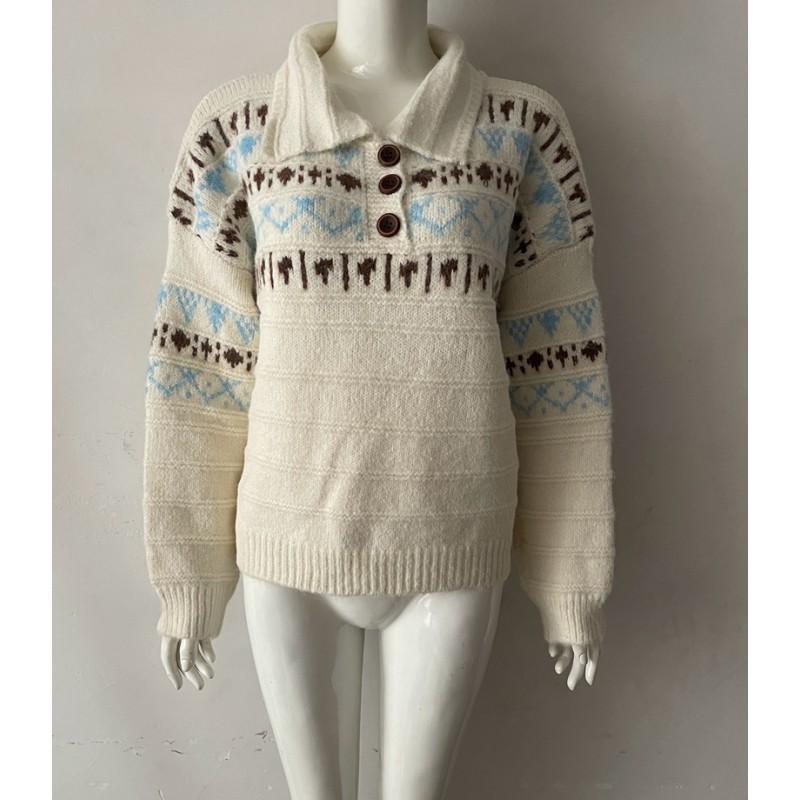 Womens Oversized Fair Isle Knit Sweater With Turn-Down Collar Button Front Soft Deer Velvet Winter Retro Style