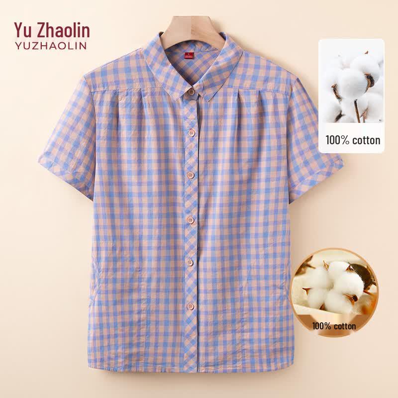 YUZHAOLIN Women s Plaid Cotton Short-Sleeve Shirt 2XL