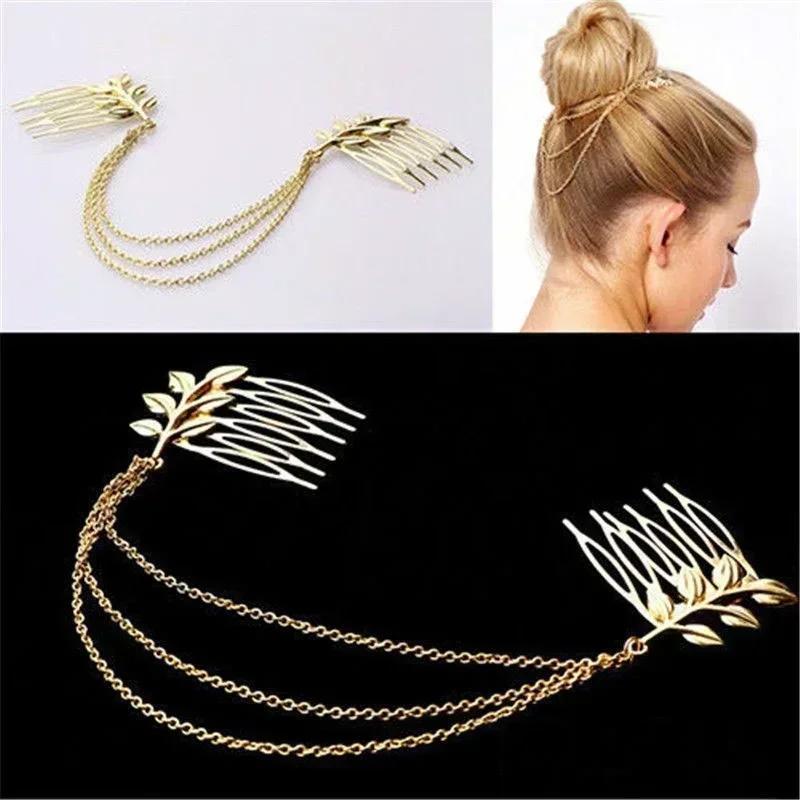 Fashion Gold Tassel Tree Leaf Hair Comb, Double Headed Insert Comb Tassel Bridal Headpiece Ladies Elegant Dress Accessories Gift