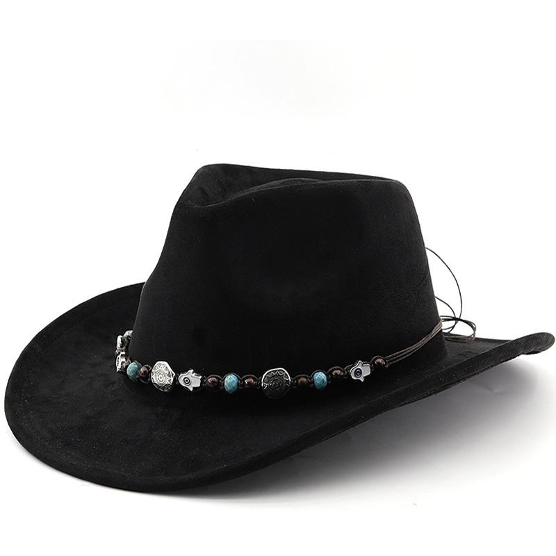 Solid color suede fedora hat, ethnic style belt, western cowboy hat, curled brim retro equestrian hat, wool felt hat