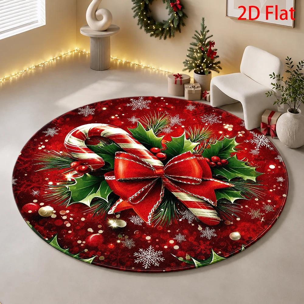 Christmas Round Floor Mat Santa Claus Reindeer Candy Cane Print Doormat Festive Rug Home Decor for Living Room Xmas Decoration