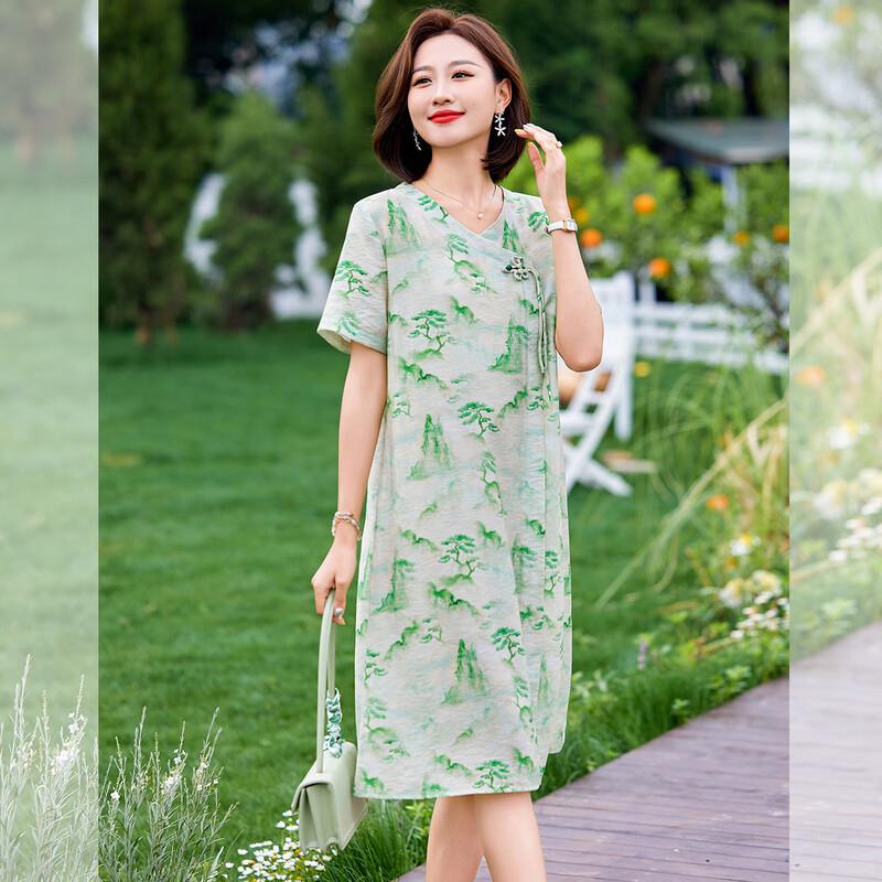 Qianlian Elegant Summer Printed Midi Dress 2XL зелёный