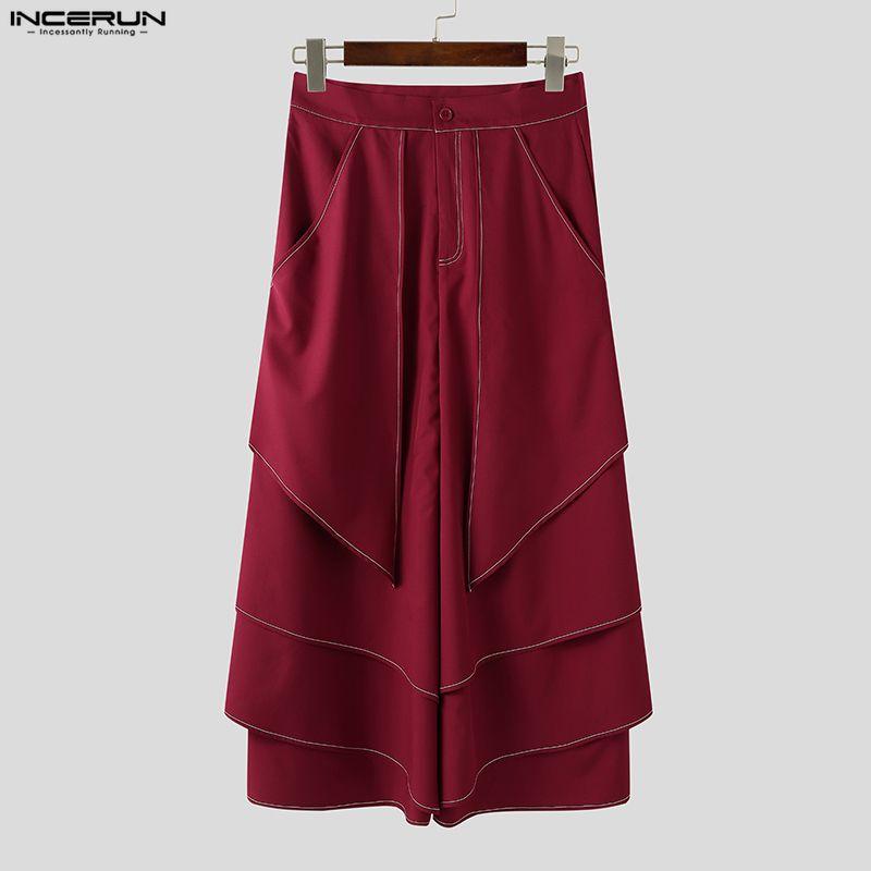 INCERUN Men Casual Loose Zipper Waist Front Irregular Layers Long Pants Trousers