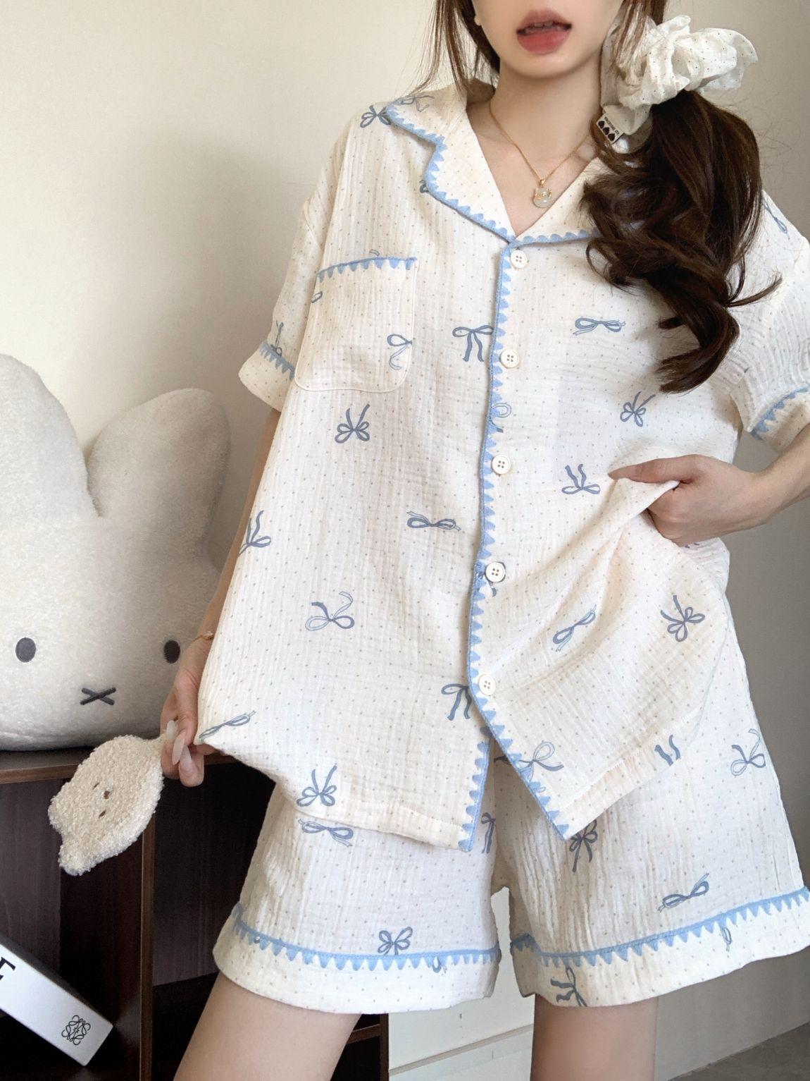 Simple style white and blue bow pajamas women s summer short-sleeved shorts lace suit women s lazy style loungewear S