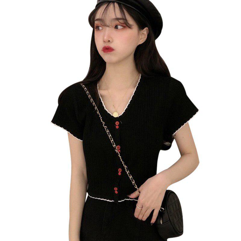 

Летняя сексуальная футболка с v-образным вырезом для девочек, однотонные трикотажные топы с короткими рукавами, тонкая футболка в консервативном стиле One Size