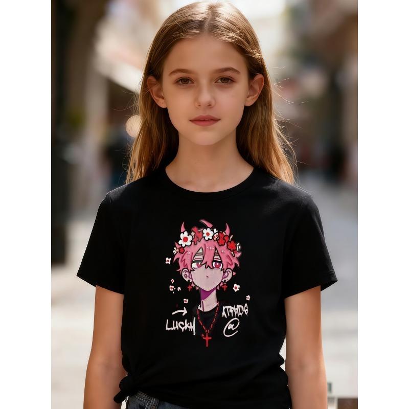 European Sizes Girls' Casual Short-Sleeve T-Shirt with Anime Demon Boy Print, Kids' Summer Casual Fashion Top