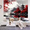 Japanese Red Maple Tapestry, Black And White Fuji With Red Trees And Pagoda By Lake Print Wall Hanging For Bedroom Living Room