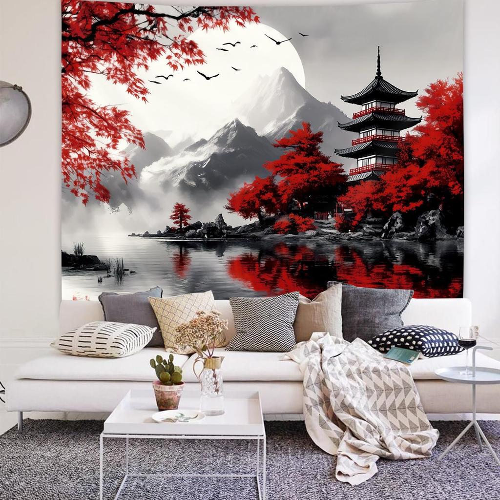 Japanese Red Maple Tapestry, Black And White Fuji With Red Trees And Pagoda By Lake Print Wall Hanging For Bedroom Living Room
