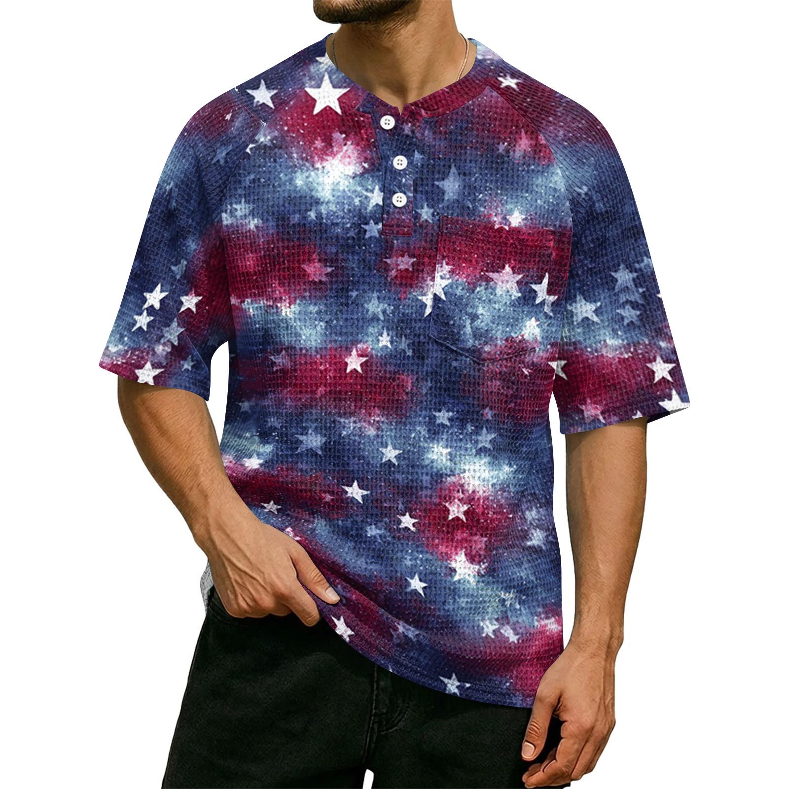 

Men s Casual Waffle Knit Short Sleeve Shirt Buttoned Henley Top Lightweight Breathable Summer Tee with Star and Stripe Pattern XXL