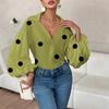 Loose Lantern Sleeve Blouse With Polka Dot Half Open Collar