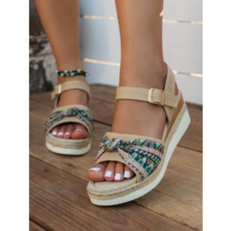 Slope heel platform sandals women's summer new large size bow one-word buckle casual women's sandals