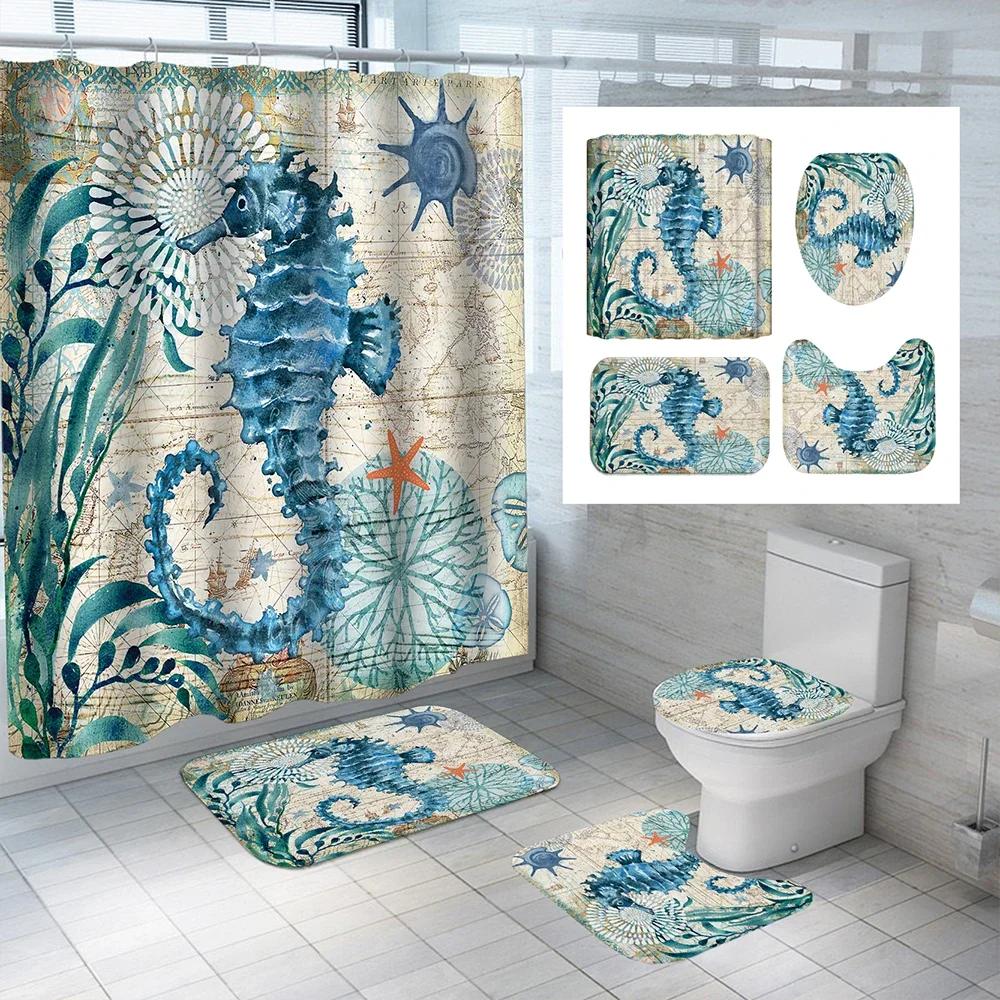 Turtle Sea Horse Dolphin Print Shower Curtain Set Bathroom Bathing Screen Anti-Slip Toilet Lid Cover Carpet Rugs Home Decor Sets