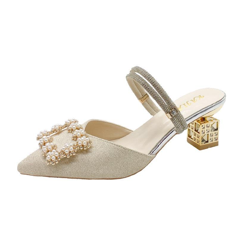 Baotou, half-towed sandals, new spring models, one pedal, thick-heeled rhinestones, and two cool slippers.