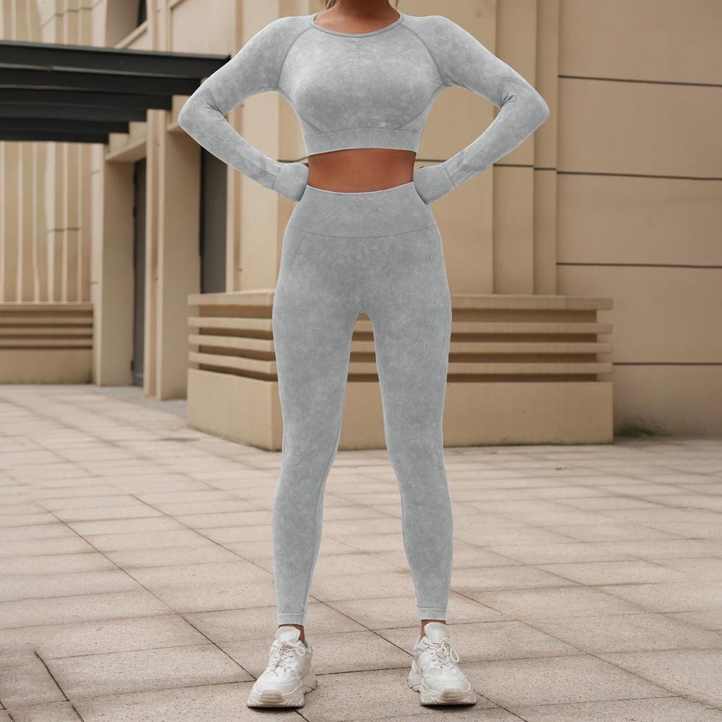 Women's European & American Washed Yoga Set: Long Sleeve Top and Slim Fit Pants, Two-Piece Fitness Outfit.