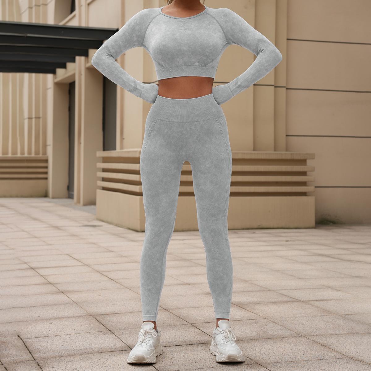 

Женский европейско-американский выстиранный комплект для йоги: Топ с длинным рукавом и брюки облегающего кроя, фитнес-костюм из двух частей. S