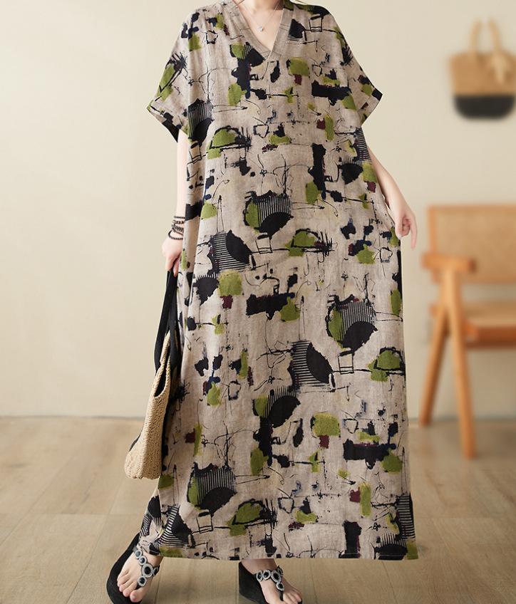 Women's V-Neck Floral Maxi Dress Short Sleeve Loose Boho Summer Dress