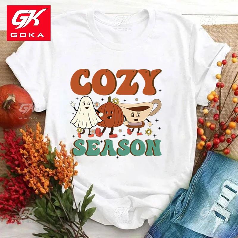 Unisex Fashion Cotton T Shirt Funny Fall Cozy Season Letter Print T Shirts Fall Cozy Season Graphic Short Sleeve Unisex Casual Tees S