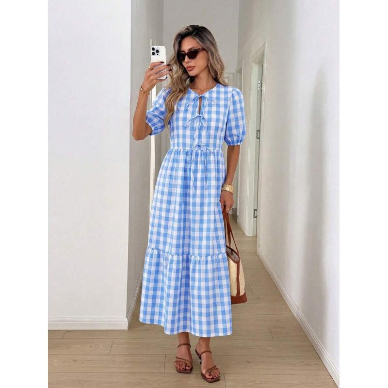 Europe, America 2026 summer new plaid lace-up pleated casual lace-up bubble sleeve dress women