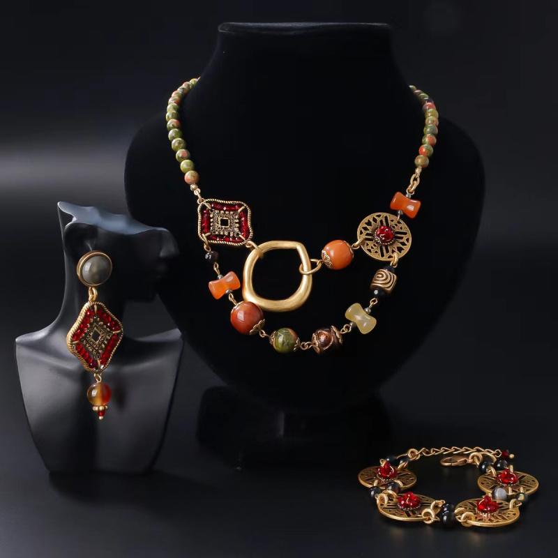 Fashion Retro Style With Auspicious Patterns Glass Flower Women'S Necklace Earrings Bracelet Jewelry Set