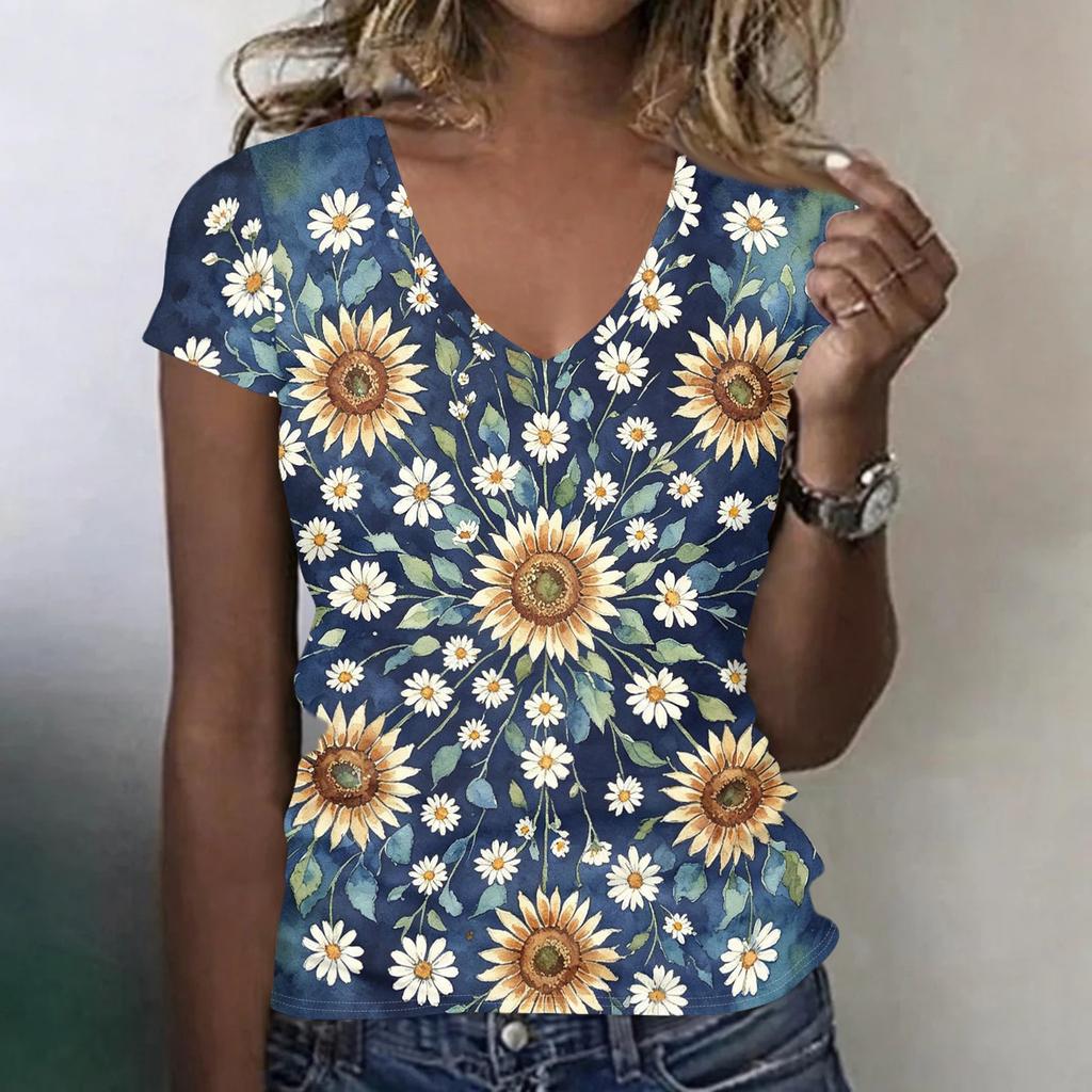 Women Casual V Neck Short Sleeve Floral Print T Shirt Lightweight Soft Fabric Comfortable Fit Summer Top