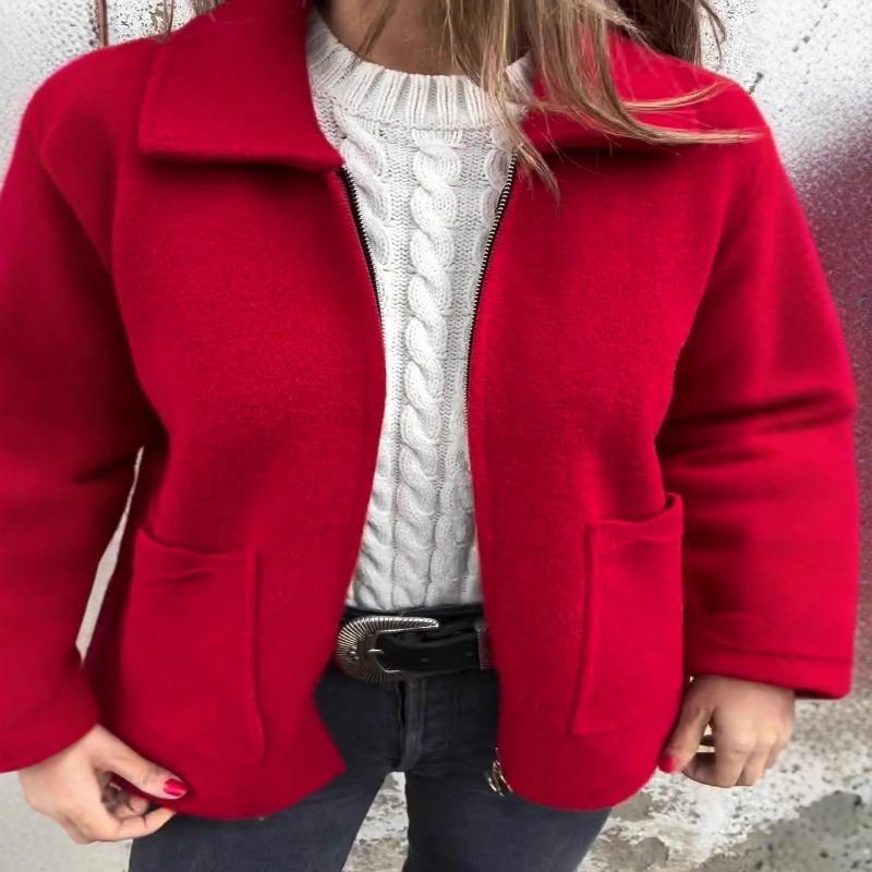 New Autumn and Winter Women's Lapel Solid Color Zipper Pocket Jacket Mid-length Women's Coat