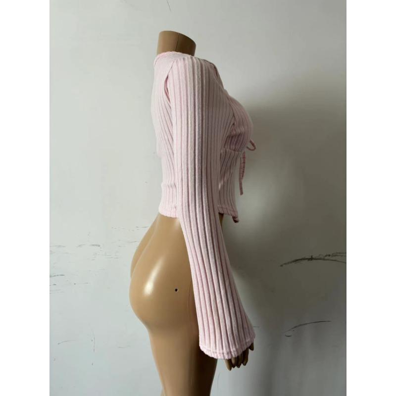 Podzimní dámský top nadměrné velikosti s rozšířenými rukávy, výstřihem do V, stahovací šňůrkou, dlouhým rukávem a proužkem v podpaží.