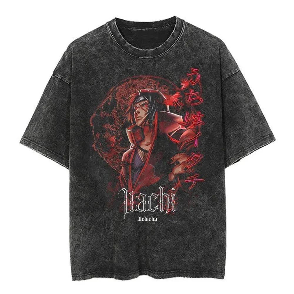 T-shirt Stampa Anime Giapponese Naruto Vintage Lavata Oversize Elasticizzata Hip Hop T-Shirt Cotone Uomo Donna Estate Manica Corta T-shirt