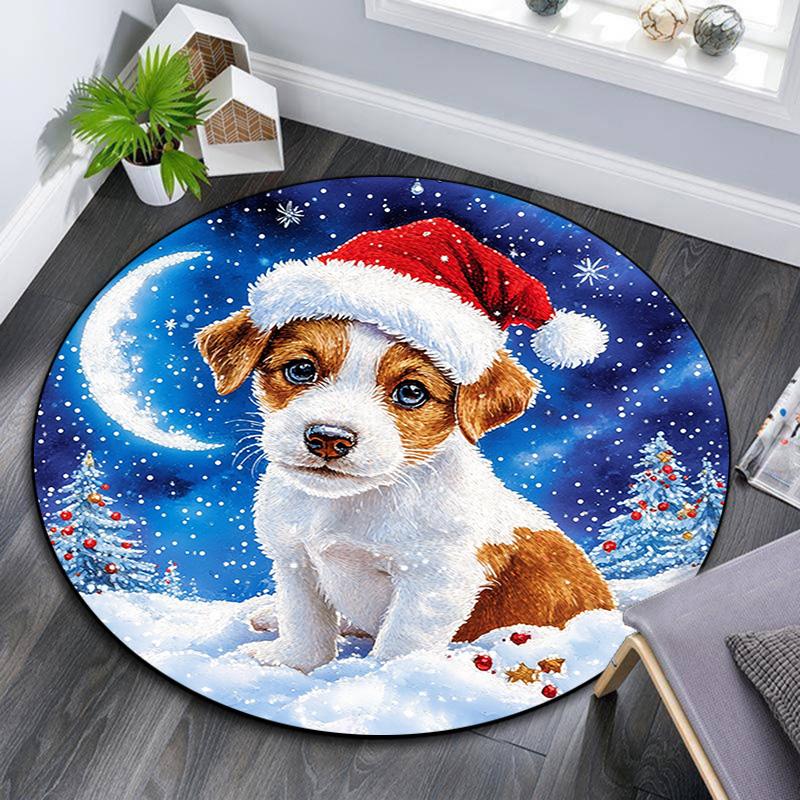 Christmas Puppy Round Area Rug,Carpet Rug for Living Room Bedroom Sofa Playroom Decor,Non-slip Floor Mat