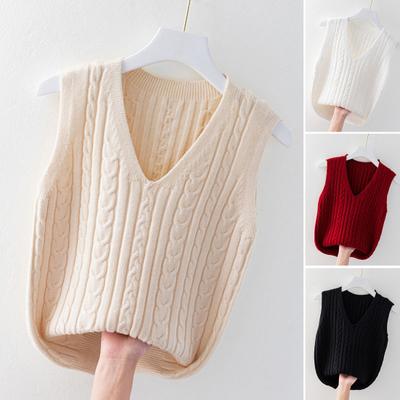 Women Knitting Vest V-Neck Sleeveless Twist Texture Pullover Sweater Solid Color Casual Sweater Vest Daily Wear