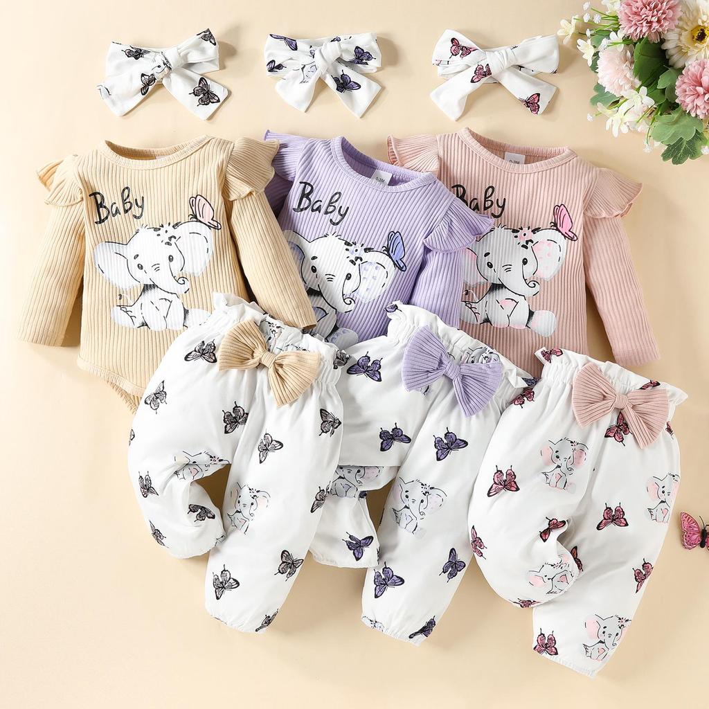 Set Bodysuit cu Mânecă Lungă și Pantaloni cu Fundiță Elefant Bebeluș
