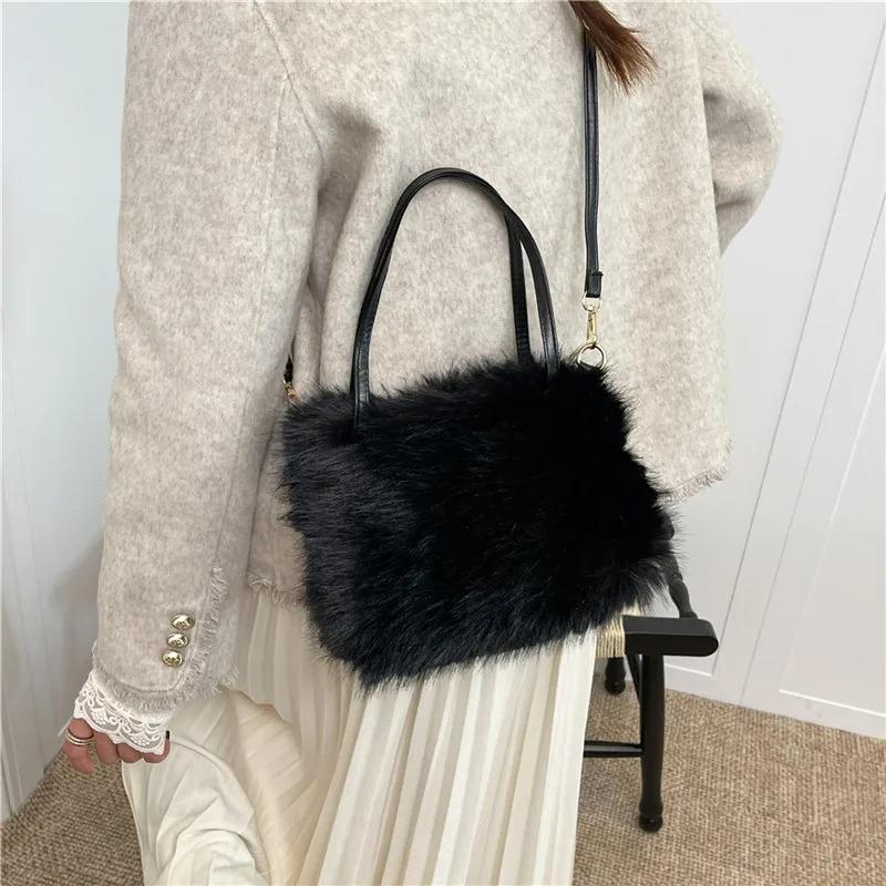 Winter Simple Soft Plush Shoulder Bags for Women Solid Color Ladies Faux Fur Crossbody Bag Versatile Femlae Bucket Handbags