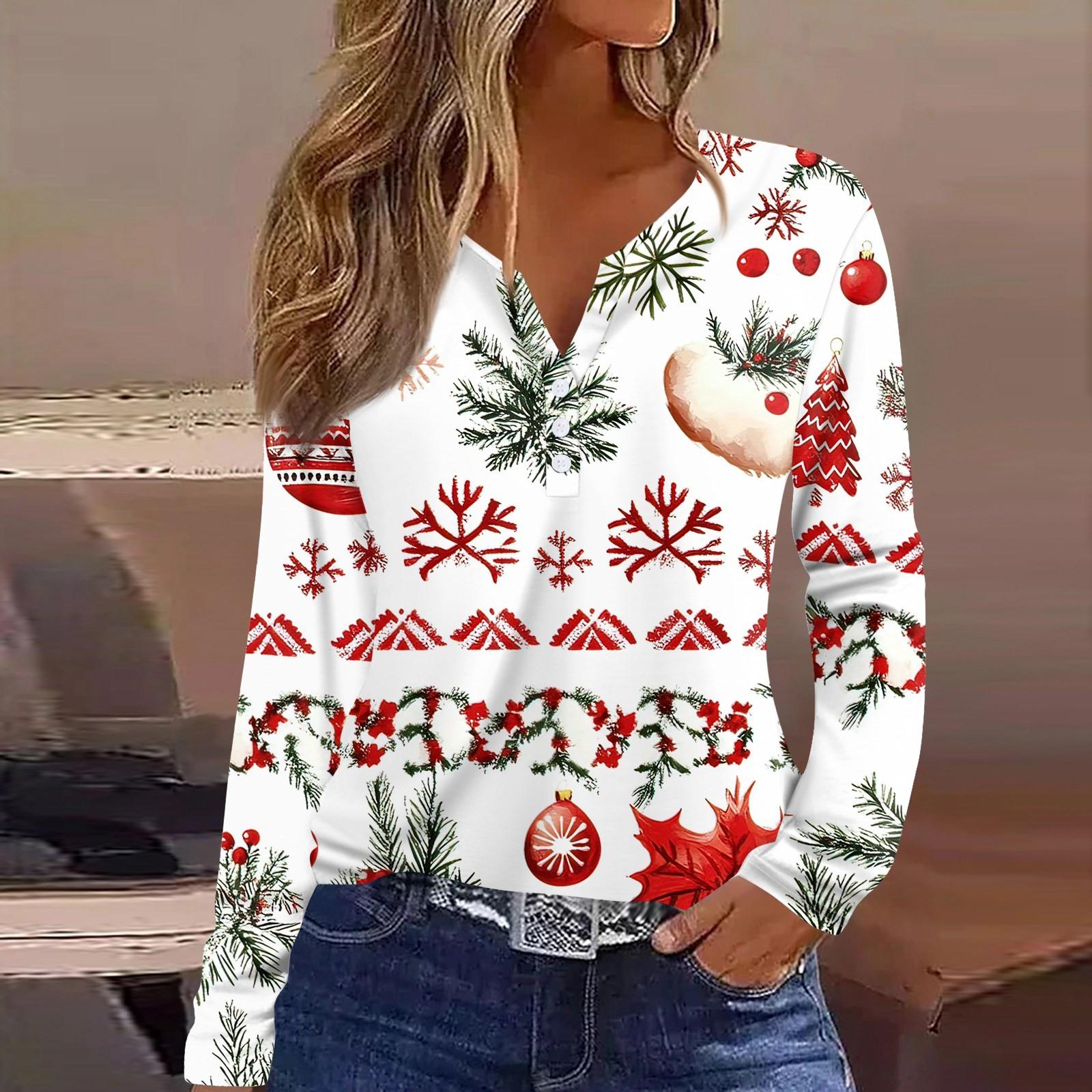 

Женская футболка с рождественским принтом на пуговицах с длинным рукавом, повседневная, выходного дня, модная, базовая, с V-образным вырезом, обычная XL белый