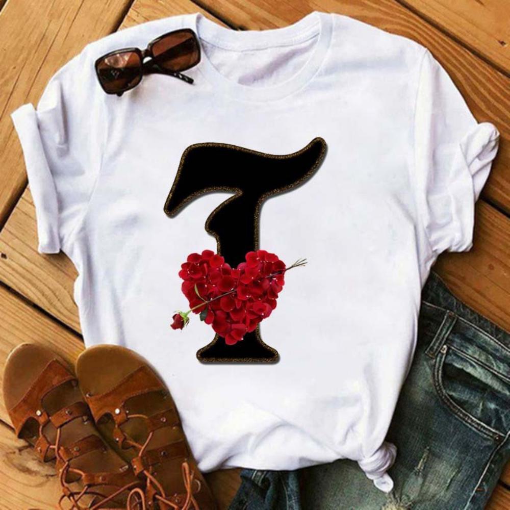 Rose ABC Alphabet Graphic Print White Tee Women Casual Loose Oversize Shirt Top Daily Wear Durable Plus Size Short Sleeve
