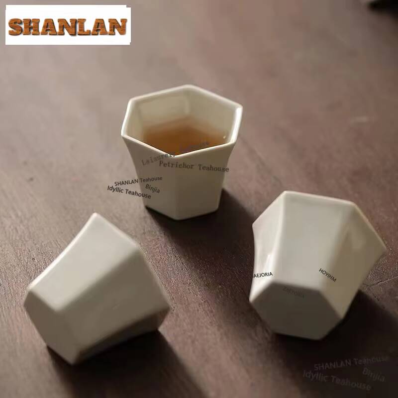 2pc/set Retro Grass Wood Gray Tea Cup Small Polygonal Master Cup Hexagonal Personal Meditation Cup Bowl Kung Fu Teaware 40ml