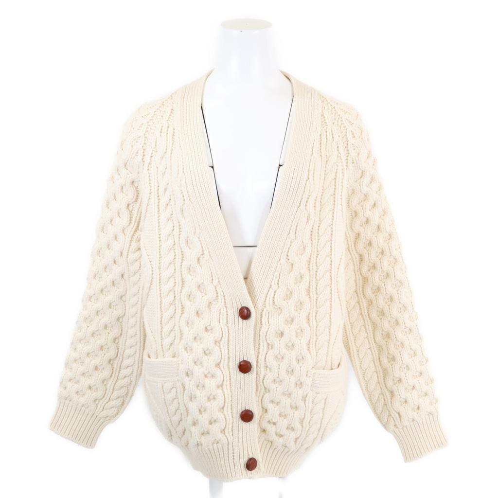 Celine [Excellent Condition/Domestic Authentic] 2A551374D Walnut Button Wool X Cashmere Cable Knit Cardigan/ Tops S whiteUsed