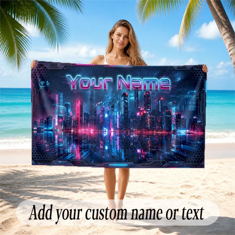 City Cyberpunk Theme Soft Beach Towel Personalized Custom Name Text Towel Portable for Beach Pool Travel