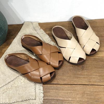 Summer Genuine Leather Women's Slippers Artistic Cowhide Shoes Braided Flat Toe Slippers