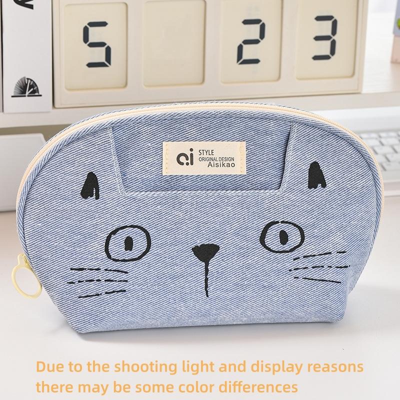 Pisică desen animat drăguță etui de creioane Geantă de papetărie din denim Geantă de depozitare pentru rechizite școlare de mare capacitate pentru studenți Etui multifuncțional