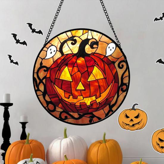 Halloween Suncatcher Decoration Spider Pumpkin Bat Witch Broom Ghost Stained Glass 2D Flat Acrylic Wall Window Hanging Sign Ornament