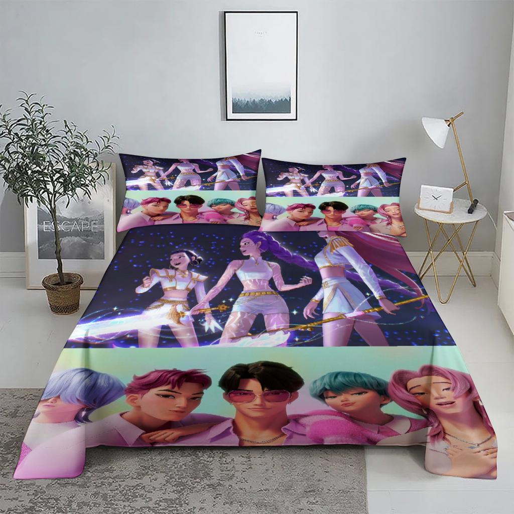 RUMI D-Demon Hunters K-pop Bed Sheet Set 3D Printed Bed Flat Sheet With Pillowcase Bed Linen King Queen Size