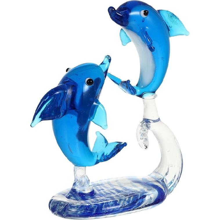Double Crystal Glass Dolphins Figurines Collectibles, Miniature Handmade Sea Animal Sculpture Statue, Birthday for Women Men Kids, Home Office Desk