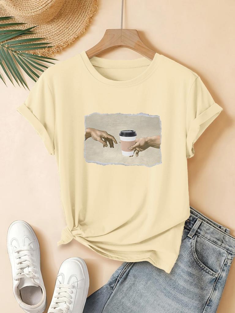 Womens Casual Graphic TShirt Short Sleeve Round Neck Summer with Coffee Cup and Hand Design Printed Casual Women Clothing