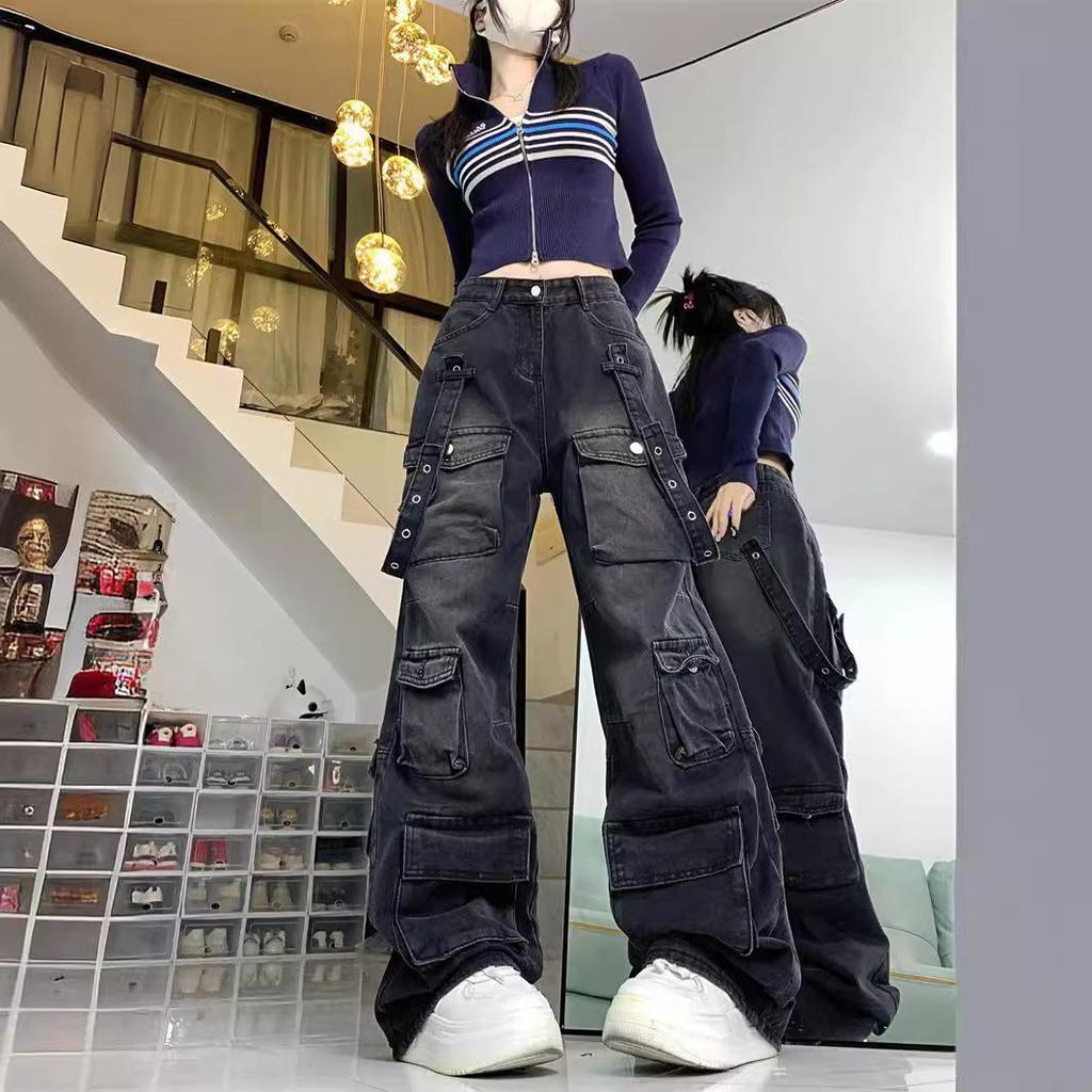 American Street Style Cargo Pants Women Dark Gray Spring Wide Leg Pants Women Loose Y2k Jeans