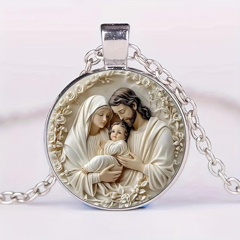 Christian The Holy Family Necklace Round Jesus Glass Dome Cabochon Pendants Necklaces Religious Jewelry