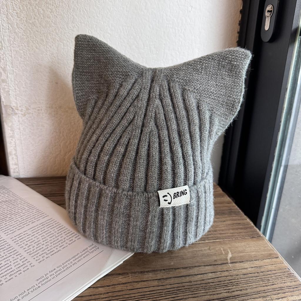 Cute Solid Cat Ears Shape Design Women Wool Knitting Hat For Fall Winter And