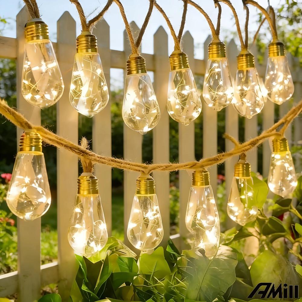 Vintage Hemp Rope Solar String Lights Outdoor, Waterproof Garden Decor Fairy Light for Patio Gazebo Fence Yard