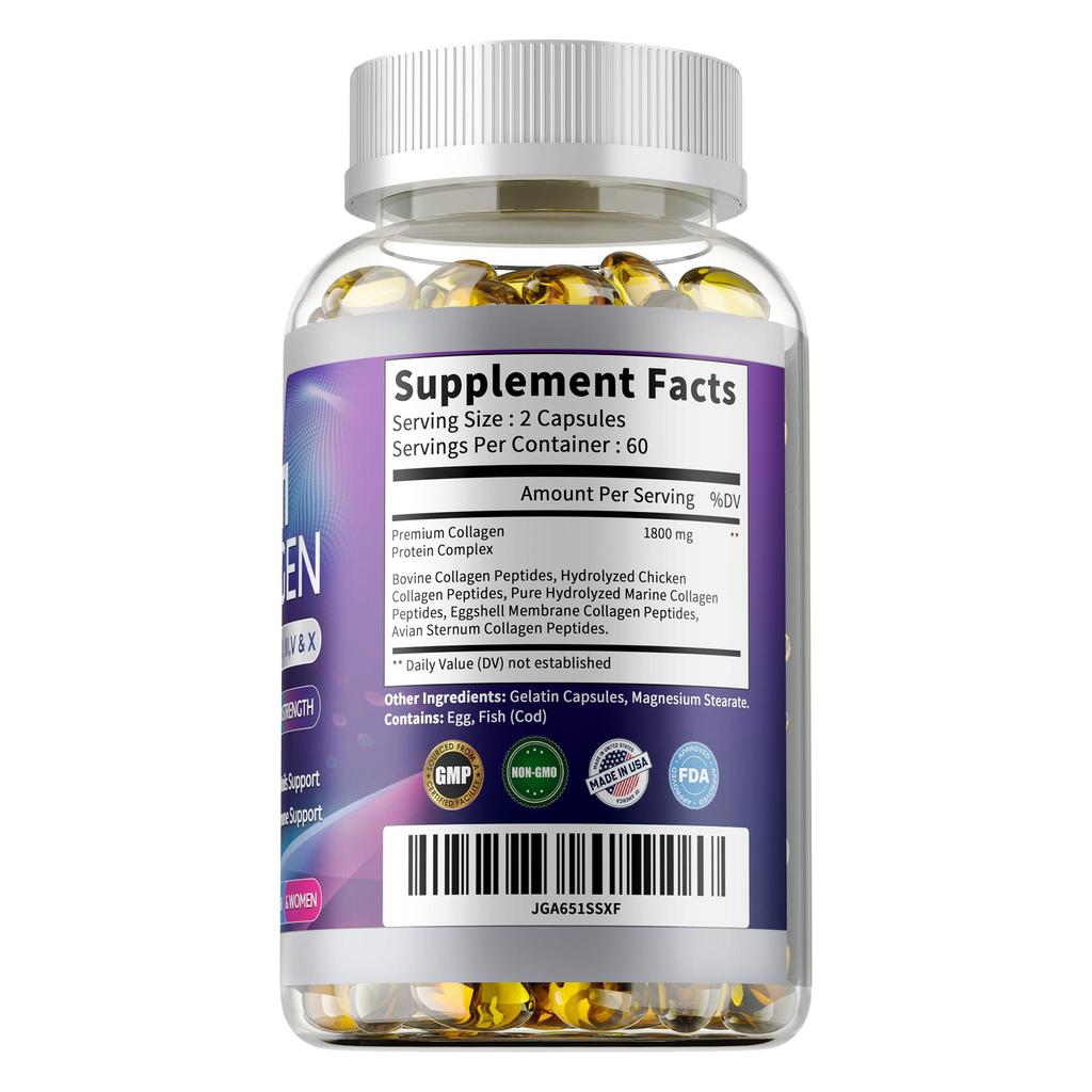 MULTI COLLAGEN - 5-in-1 Premium Collagen Blend - Promotes Joint Flexibility and Bone Strength - Unisex - Vegetarian Capsules