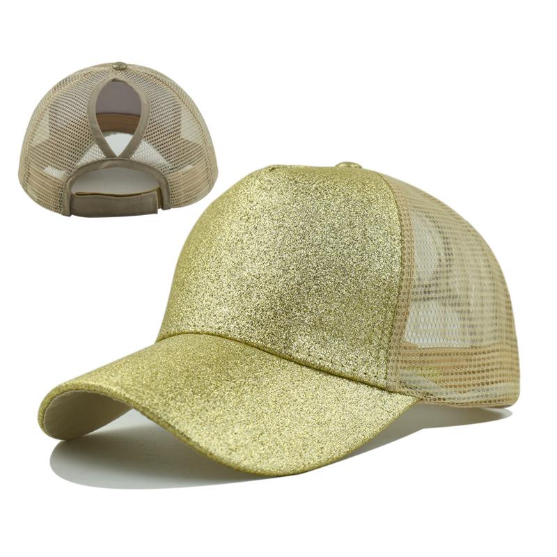 - Sequined and Mesh Fabric Baseball Cap with Exposed Ponytail. Available in Multiple Colors and Suitable for Summer.