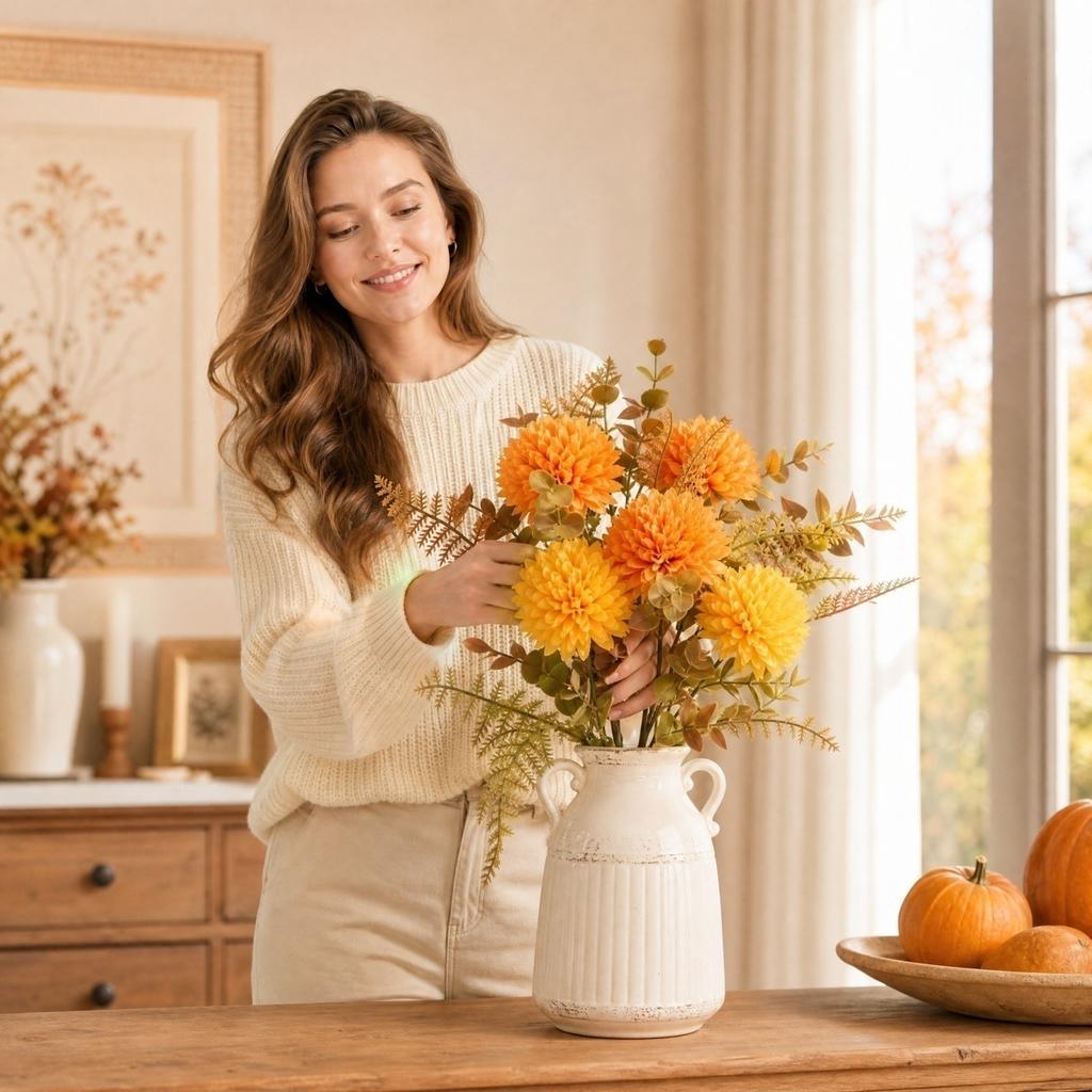 Artificial Fall Flower Arrangement with Pompon Chrysanthemums and Filler for Tabletop Vase Home Decor