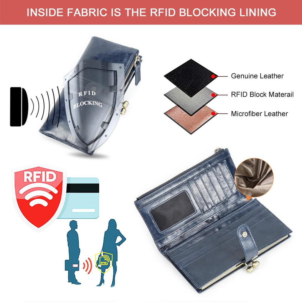 Lange Geldbörse aus echtem Leder für Damen, Geldbörse mit Metallrahmen, Kartenhalter, Haspe und Münzfach mit Reißverschluss, für 6,7-Zoll-Telefon, RFID-Geldbörse